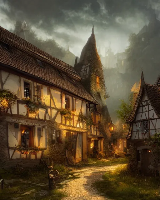 Prompt: callenberg village germany twelth century saxon village 1 1 8 0, by peter mohrbacher and dan mumford and nekro, cgsociety, volumetric light, 3 d render