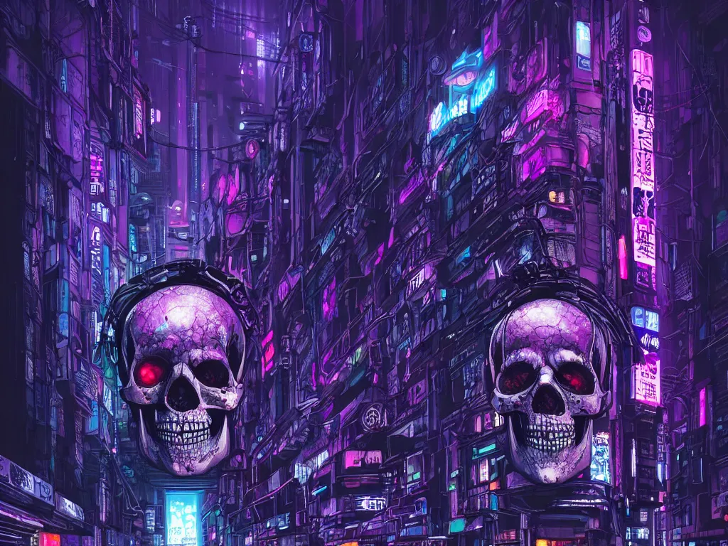 Prompt: high detailed dead android skull in a cyberpunk rainy city at night by Josan Gonzalez, purple and blue neons, unreal engine, high quality, 4K, UHD, trending on ArtStation, wires, blade runner vibes, ghost in the shell, akira, dorohedoro