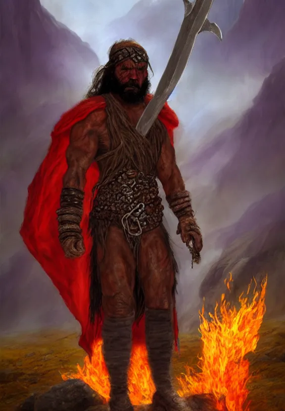 Image similar to a solitary randy savage wearing a colourful heavy cloak alone full body rocky desolate wasteland fire lit | portrait | fantasy impressionist oil painting | matte painting | matte drawing | middle earth | pathfinder | artstation deviant art | sword and sorcery | pintrest | conan | darksun | d & d dungeons and dragons | barbarian