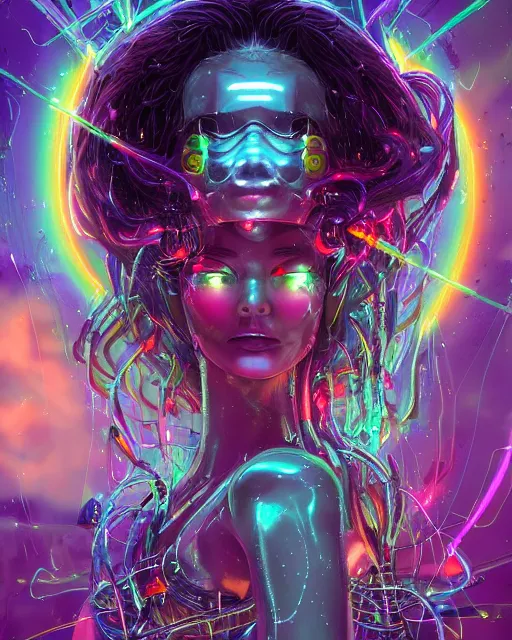 Prompt: a cyberpunk close up portrait of evil cyborg medusa, electricity, rainbow, snakes in hair, sparks, bokeh, soft focus, sparkling, glisten, water drops, cold, dark, geometric, temples behind her, by paul lehr, jesper ejsing