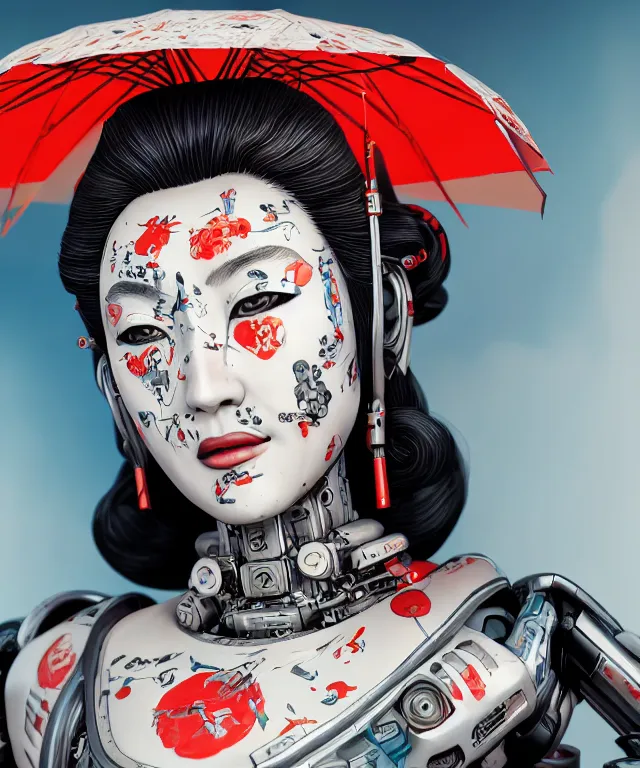 Image similar to an epic fantastic realism comic book style portrait painting of a japanese robotic geisha with kanji tattoos and decals, apex legends, octane render, intricate detail, 4 k hd, unreal engine 5