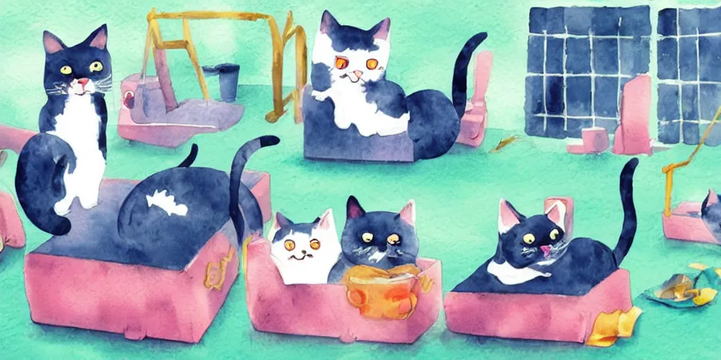 Image similar to watercolor illustration style, cute! cats! training in the fitness studio