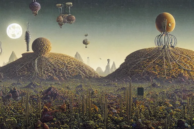 Prompt: a surreal and awe - inspiring science fiction landscape made of food, egg full moon, intricate, elegant, highly detailed matte painting by ernst haeckel and simon stalenhag