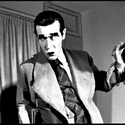 Image similar to scene from the horror picture show with james stewart!!!! james stewart!!!! is acting surprised