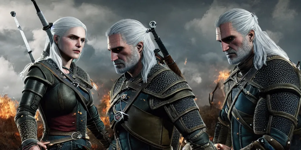 Image similar to witcher 3 ciri and geralt in the battle of the 5 armies lord of the rings, in the style of chris achilleos and alan lee