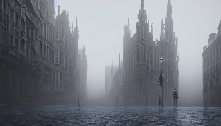 Prompt: empty streets od neo - gothic brussels in fog, wet ground, hyperdetailed, artstation, cgsociety, 8 k