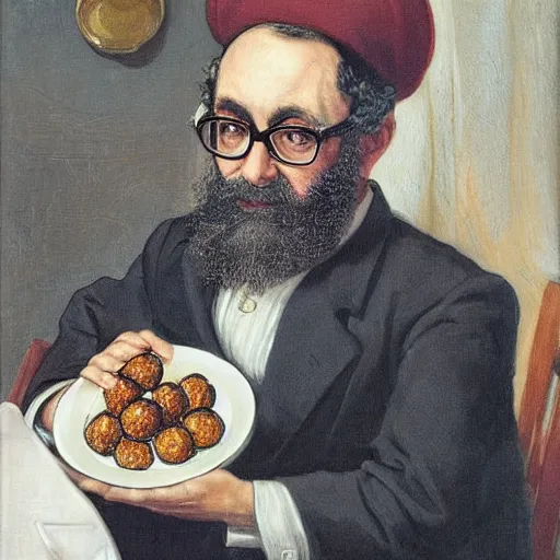 Prompt: a funny looking rabbi with thick glasses holding a plate of meatballs by j. c. leyendecker 8 k