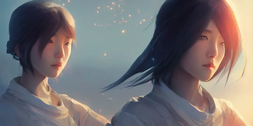 Image similar to Young Tibetan woman, somber white eyes, long, gentle lighting, piloting a small space shuttle, futuristic, dim lighting, digital art by Makoto Shinkai ilya kuvshinov and Wojtek Fus, digital art, concept art,