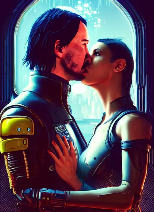 Image similar to a cyberpunk 2077 couple portrait of Keanu Reeves & female android in final kiss,love,film lighting,by Laurie Greasley,Lawrence Alma-Tadema,Dan Mumford,artstation,deviantart,FAN ART,full of color,Digital painting,face enhance,highly detailed,8K,octane,golden ratio,cinematic lighting