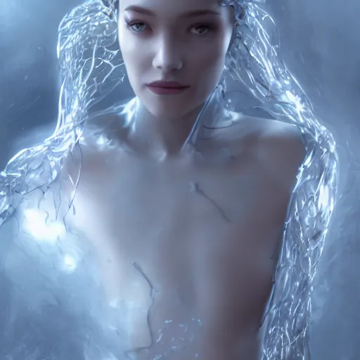 Image similar to a highly detailed ethereal full body digital image of a silver covered elegantly posed futuristic woman beautifully intertwined in realistic chromatic liquid like leaves, full body shot, by Andrew Chiampo, artstation, and Frederik Heyman, extremely detailed woman, stunning volumetric lighting, hyper realism, fantasy 4k