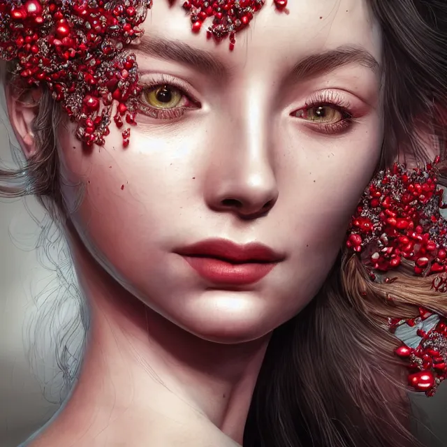 Prompt: studio portrait of absurdly beautiful, elegant, young woman made of rubies looking up, ultrafine hyperrealistic detailed face illustration by kim jung gi, irakli nadar, intricate linework, sharp focus, bright colors, matte, octopath traveler, final fantasy, unreal engine highly rendered, global illumination, radiant light, intricate environment