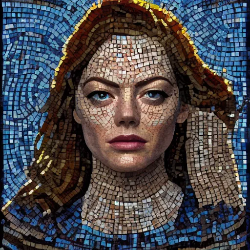 Prompt: beautiful zeugma mosaic of emma stone, significant pebbles boundaries, most beautiful mosaic in the history, high detail, realistic, accurate facial detailing, realistic composition, concept art, best of artstation, in the style of chris foss, rodger dean, moebius, michael whelan, and gustave dor