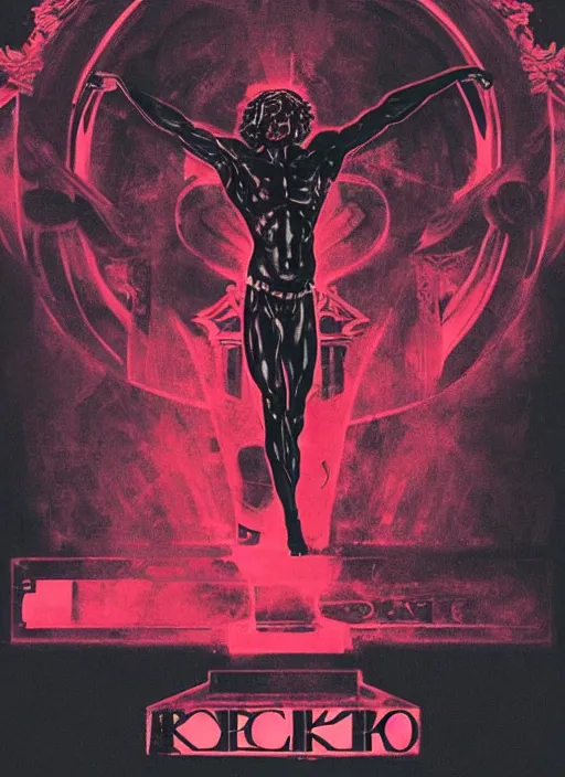 Prompt: black design poster showing a statue of hercules, black background with very subtle red and purple design elements, powerful, nekro, vito acconci, thin straight lines, dark, glitch art, neo vaporwave, gritty, layout frame, square, trending on artstation