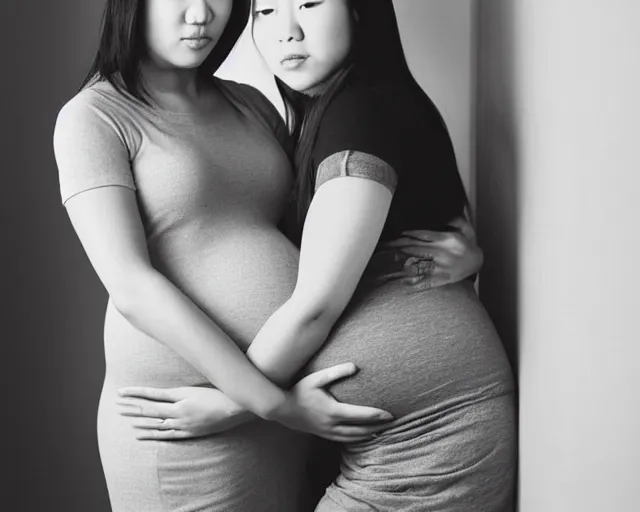 Prompt: “ maternity photo of a pregnant asian gay couple, skinny, handsome ”