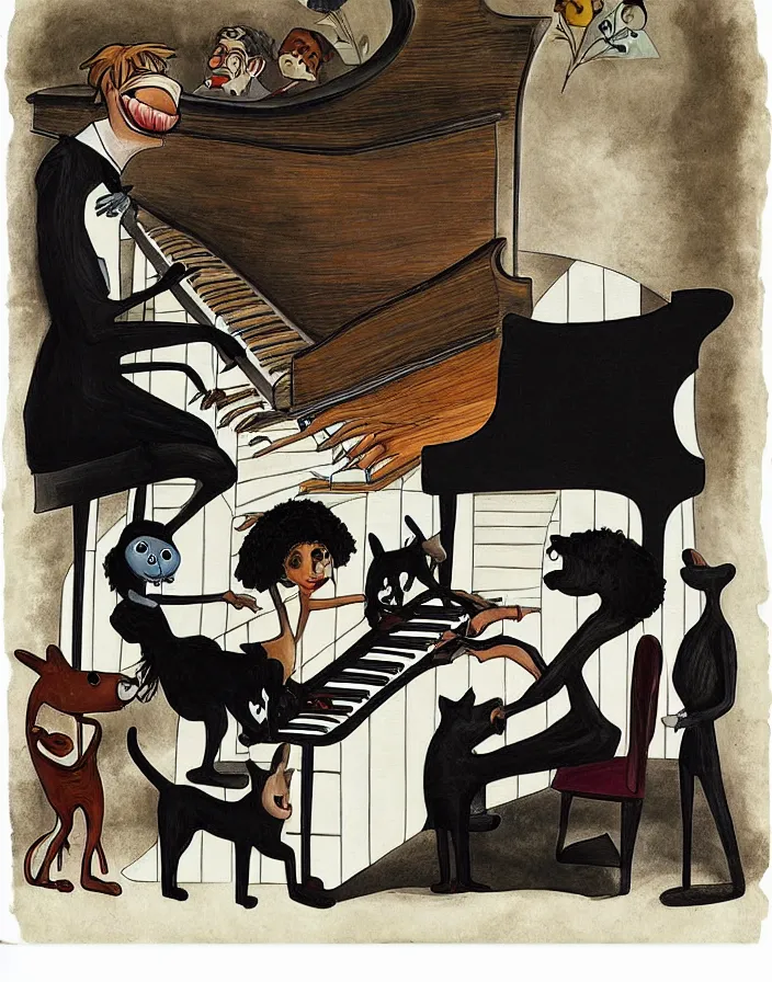 Prompt: a white person and a black person near the piano keyboard with two dogs by tim burton