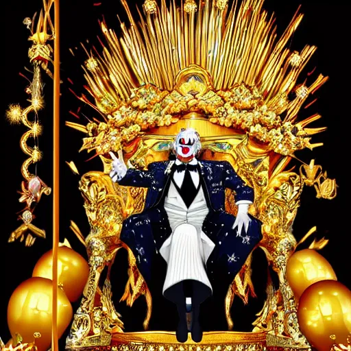 Image similar to anime of a shining majestic throne made of millions of diamonds, gold and zaphires with thousands of light reflections, and a clown on a tuxedo suit is sitting on the throne while handing a golden balloon, dramatic light