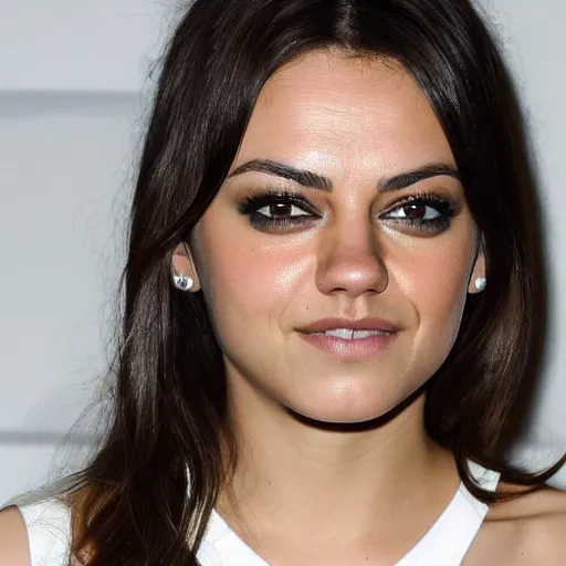 Image similar to a woman who is a genetic combination of mila kunis and emma watson face and upper - body focus