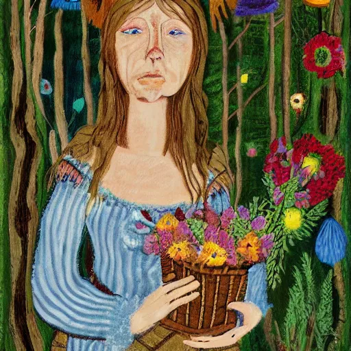 Image similar to In the photograph Vasilisa can be seen standing in the forest, surrounded by animals. She is holding a basket of flowers in one hand and a spindle in the other. Her face is turned towards the viewer, with a gentle expression. In the background, the forest is depicted as a dark and mysterious place. by Jean Dubuffet, by Kevin Sloan dynamic, geometric