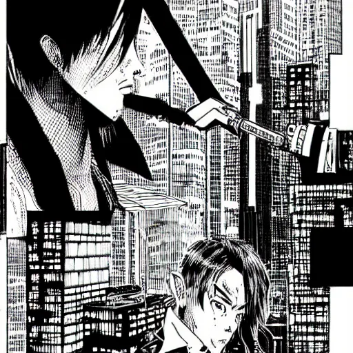 Image similar to cyberpunk hacker pen and ink illustration by tatsuki fujimoto manga panel