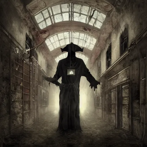 Image similar to an unholy plague doctor in a scary insane asylum, red lighting, x-ray, far away shot, stage design, Symmetrical composition, occult, evil, creepy, ominous, matte painting, cinematic, gustave dore and Johan Grenier art style, super detailed, evil colors with a trippy contrast, glitch art boarders