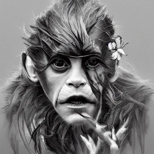 Image similar to Very funny Emma Watson looking like an old monkey, colorful painting on grey scale face, powerful , magic, thunders, dramatic lighting, intricate, wild, highly detailed, digital painting, artstation, concept art, smooth, sharp focus, illustration, art by artgerm and greg rutkowski and alphonse mucha, footage