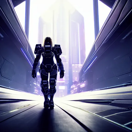 Image similar to cyberpunk halo character walking on a space bridge, close shot, reflection, epic, dramatic, cinematic, award winning, ultra detailed, realistic