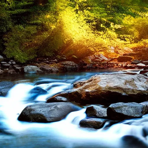 Image similar to a beautiful landscape, river, rocks, trees, volumetric lighting