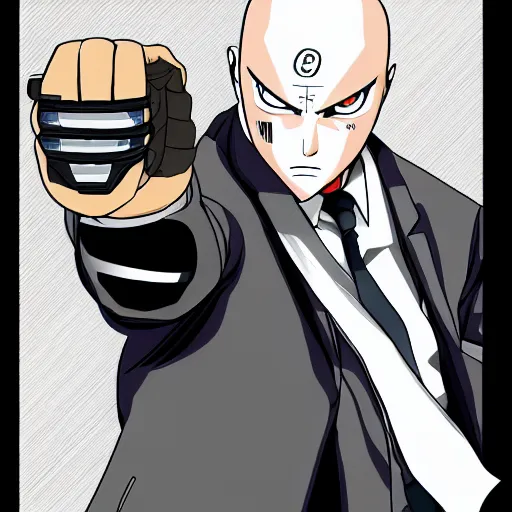 Image similar to Agent 47 in a scene from naruto, trending on pixiv, pen and ink, complex detail