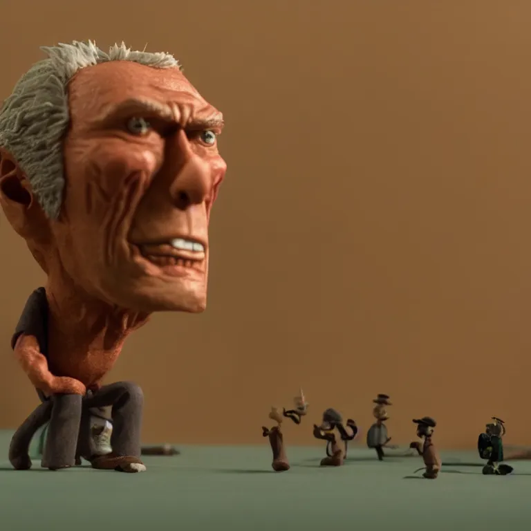 Image similar to a cinematic film still of a claymation stop motion film starring clint eastwood, shallow depth of field, 8 0 mm, f 1. 8