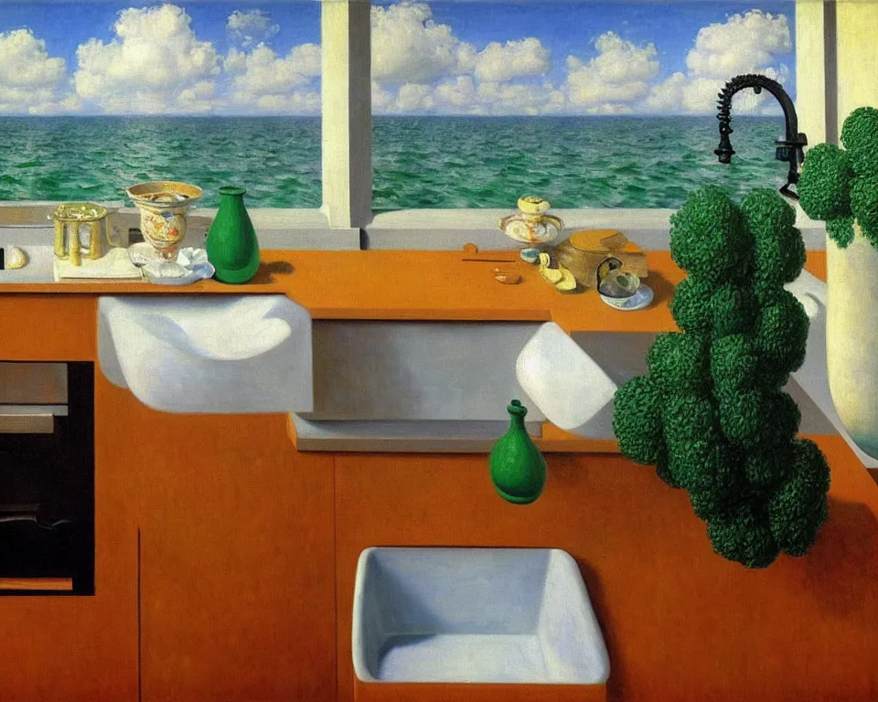 Prompt: achingly beautiful painting of a sophisticated, well - decorated kitchen sink by rene magritte, monet, and turner.