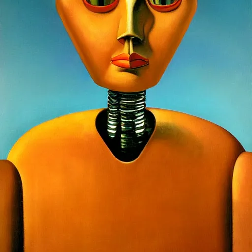 Image similar to super - intelligent robot with kind eyes portrait, grant wood, pj crook, edward hopper, oil on canvas