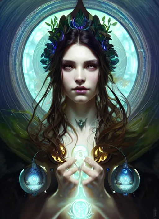 Image similar to a beautiful cinematic female druid goddess, galatic shamen with Quantum energy fantasy, fantasy magic, undercut hairstyle, dark light night, intricate, elegant, sharp focus, illustration, highly detailed, digital painting, concept art, matte, art by WLOP and Artgerm and Greg Rutkowski and Alphonse Mucha, masterpiece