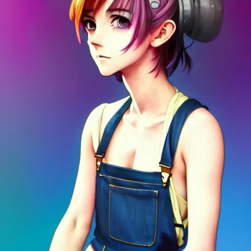 Prompt: Anime Emma Watson, hourglass slim figure, rainbow hair, attractive features, overalls, short shorts, body portrait, slight smile, highly detailed, digital painting, artstation, concept art, sharp focus, illustration, art by WLOP and greg rutkowski and alphonse mucha and artgerm,