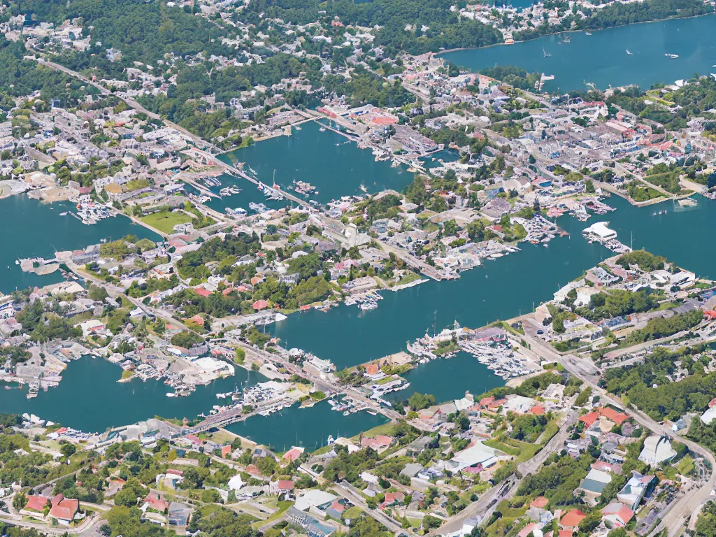Image similar to bird's eye view photo of a small city with shops, shipping dock harbor, and beach to the south. a bridge crosses a big lake, with a town hall, marketplace, and towers to the north. there is a field in the middle of the city. small hills and woods north of the city