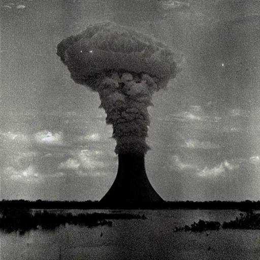Prompt: dark photo of a nuclear explosion in the louisiana swamps, pictorialism