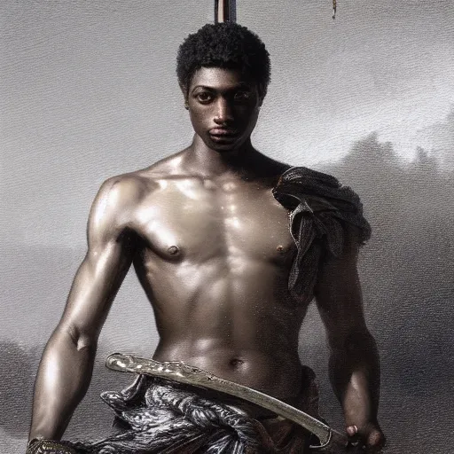 Image similar to artstation concept of a Young man with a bare upper body holding a sword in both hand, brown skin, face, silver garment, shiny colorful, hyperdetailed, artstation trending, world renowned artists, worth1000.com, historic artworks society, antique renewel, cgsociety, by greg rutkowski, by Gustave Dore, Deviantart