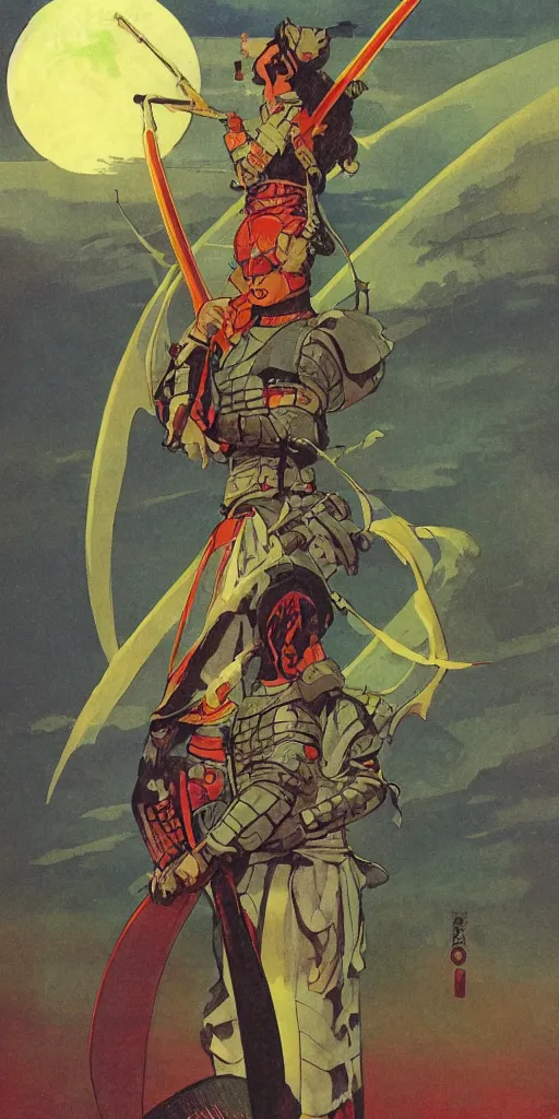 Image similar to on a strange vintage scifi planet, a samurai wizard warrior goddess with sword, vintage scifi poster, winslow homer, moebius, roger dean, artstation