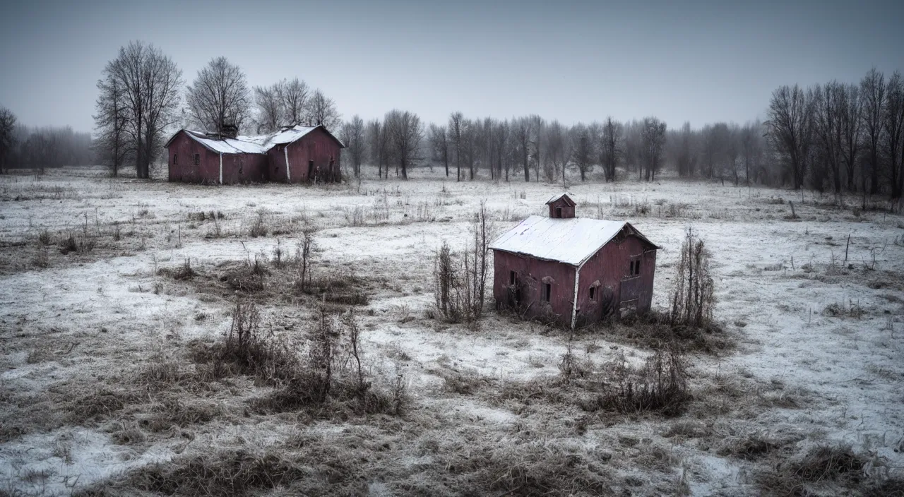 Image similar to russian house, farm, abandoned, lifeless, winter, mud, atmospheric, mystical, very detailed 4 k