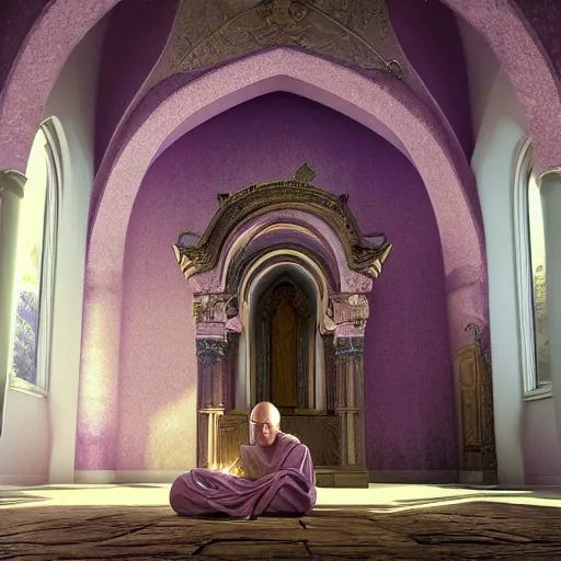 Image similar to mystic purple monk meditate in old church, unreal engine, digital, artstation, detailed body, heavenly atmosphere, digital art, overdetailed art, trending on artstation, cgstudio, the most beautiful image ever created, dramatic, award winning artwork, beautiful scenery