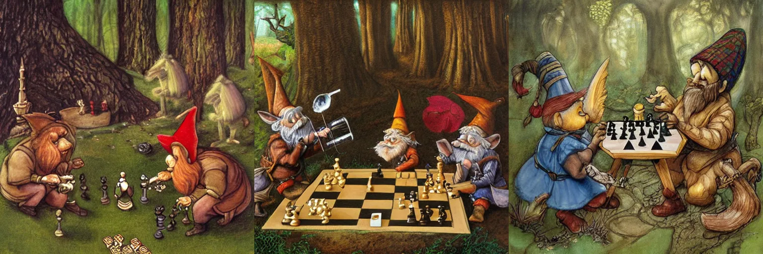 Prompt: A very detailed painting of two gnomes playing chess with a troll in a forest, with wood animals watching them, by Brian Froud