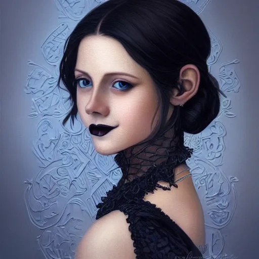 Prompt: full body portrait of a dark haired girl with blue eyes, gentle round face, with a bright smile, intricate detailed black goth dress, highly detailed, deep focus, elegant, digital painting, smooth, sharp focus, golden ratio, illustration, ultra realistic, 8 k, art by artgerm, caravaggio and vittorio reggianini