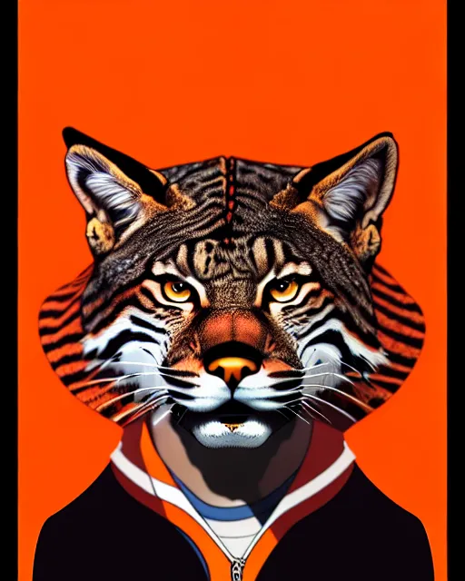 Image similar to artgerm, joshua middleton comic cover art, bobcat with orange fur, red dress, symmetrical eyes, symmetrical face, white shirt with red exclamation point logo, dark castle background, cinematic lighting