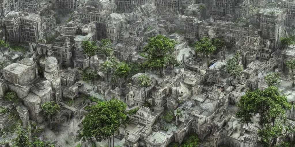 Prompt: a beautiful realistic detailed city carved in a stone, surrounded by mold and moss, photorealistic, octane render, volumetric lighting,