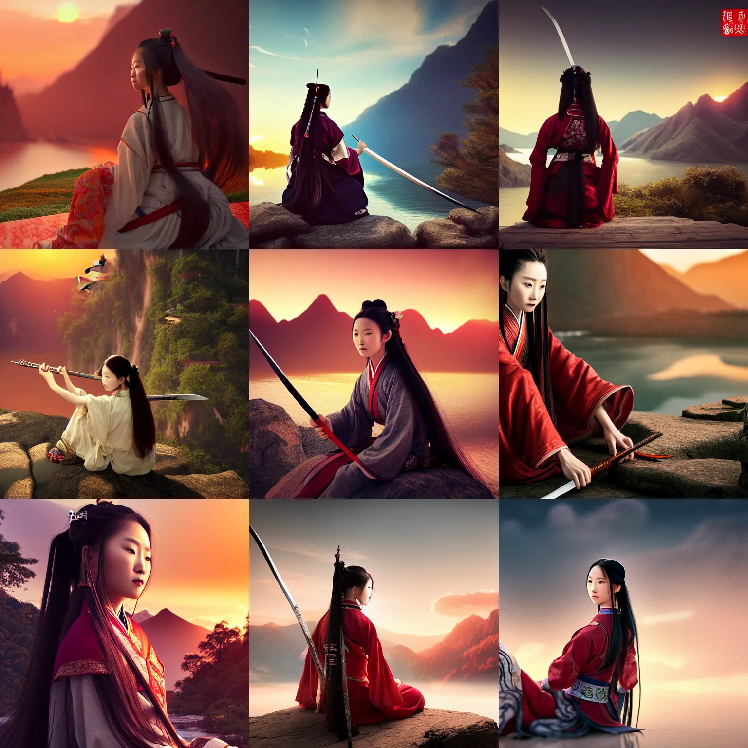Prompt: beautiful long hair wuxia lady sitting with back to photo with her sword next to her, seeing the mountain and river, sunset, wuxia by Chen Uen, Chinese Brush Painting style, ultra realistic, cinematic shot, 8k, Frostbite 3 Engine, octane render