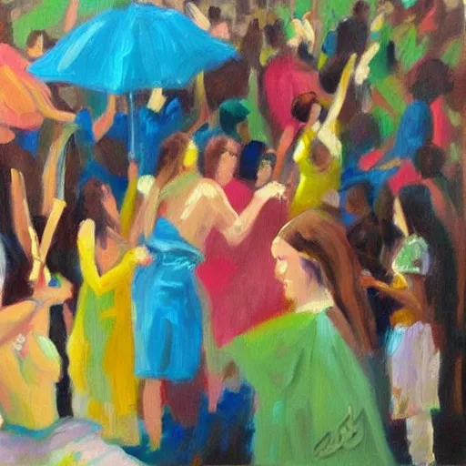 Prompt: “springbreak party, oil painting by mark tennant”