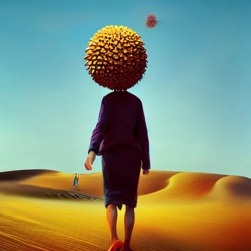 Image similar to portrait, giant dahlia flower head, girl walking between dunes, surreal photography, sunrise, blue sky, dramatic light, impressionist painting, digital painting, artstation, simon stalenhag