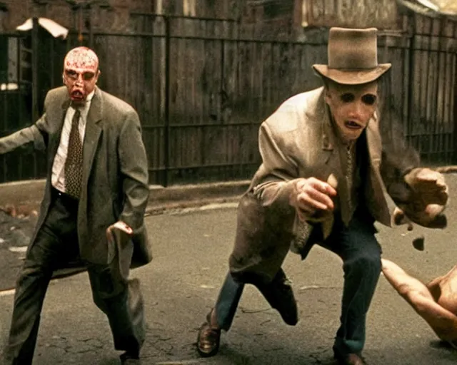 Prompt: in this creepy scene from the hbo miniseries / the outfit /, a supernatural mafia crime thriller about magical monster - hunting mafiosi in 9 0 s philadelphia, we see a man transformed into a strange monstrous ephemeral spirit of rage. hd 8 k film photography, richard corben and cronenberg - esque.