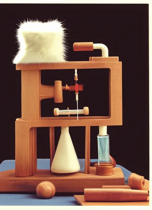 Image similar to realistic photo of a a medieval ritual chemistry appliance model equipment gadget, made of wood white clay and fur with black wires 1 9 9 0, life magazine reportage photo, natural colors, metropolitan museum collection