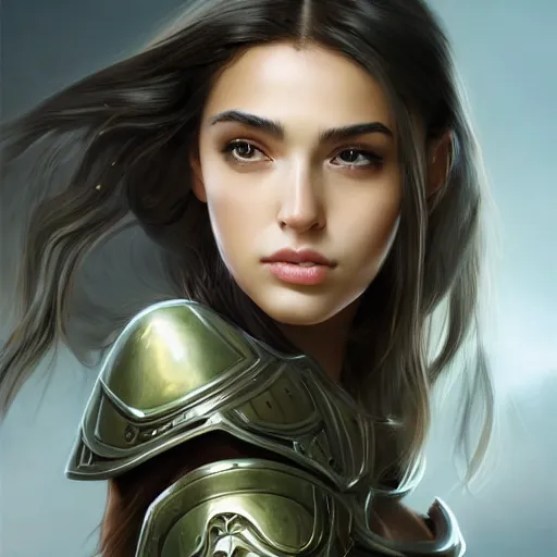 Image similar to a portrait of an attractive young woman, clothed in battle armor, olive skin, long dark hair, beautiful bone structure, symmetrical facial features, intricate, elegant, highly detailed, digital painting, trending on Artstation, concept art, smooth, sharp focus, illustration, in the style of artgerm and greg rutkowski and alphonse mucha