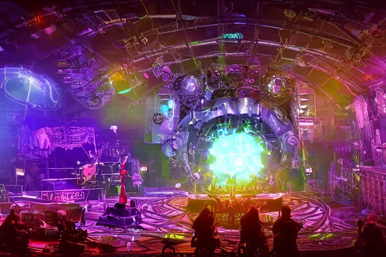 Image similar to a concert stage with audience, on stage is a rockband with 3 steampunk robots with guitars and drums, center of the stage is a big futuristic steampunk generator with gears and belts and tubes, laser show, 8 k, fluorescent colors, halluzinogenic, multicolored, exaggerated detailed, unreal engine